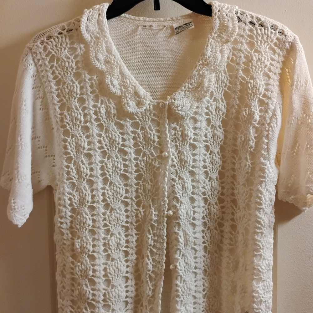 Vintage Cream White Crochet Short Sleeve Sweater Cardigan w/ Pearl Buttons